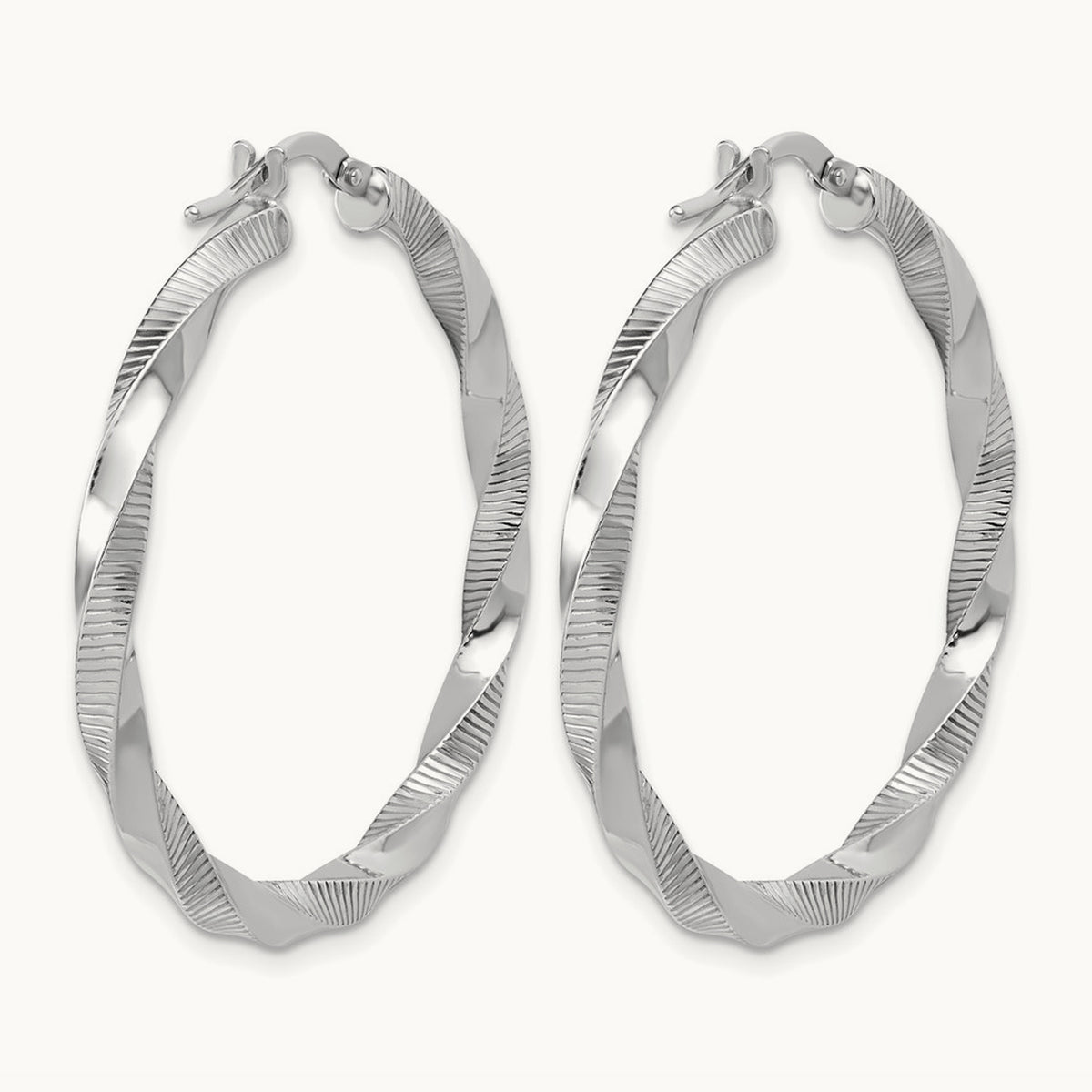 Rhodium-plated Twisted Textured Hoop Earrings — 38mm
