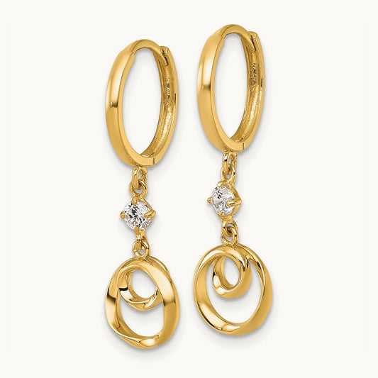 Twisted Dangling Circle Hinged Round Hoop Earrings, 14K