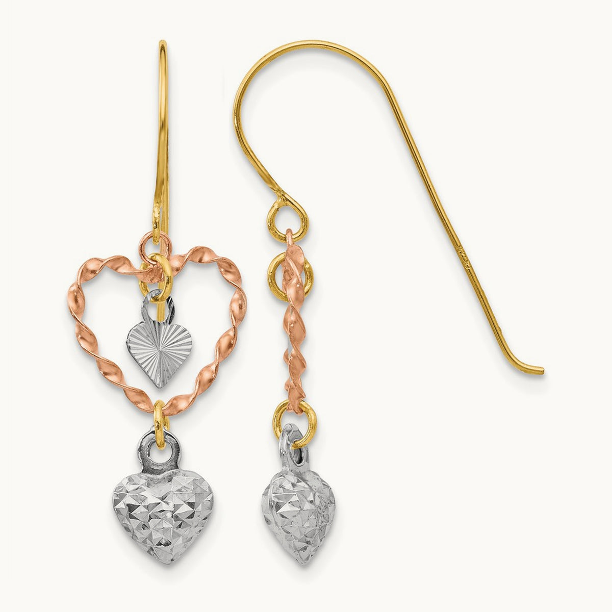 Tri-color Diamond Cut Heart Dangle Earrings, 14K