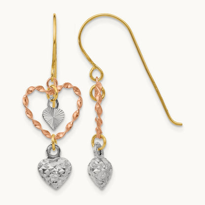 Tri-color Diamond Cut Heart Dangle Earrings, 14K