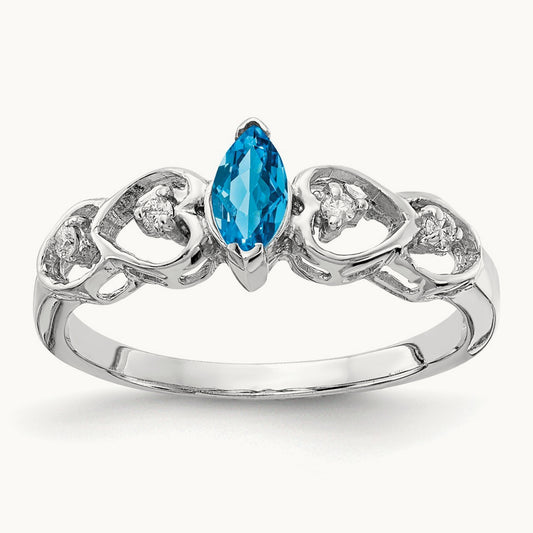 6x3mm Marquise Blue Topaz AA Diamond ring, 14K White Gold