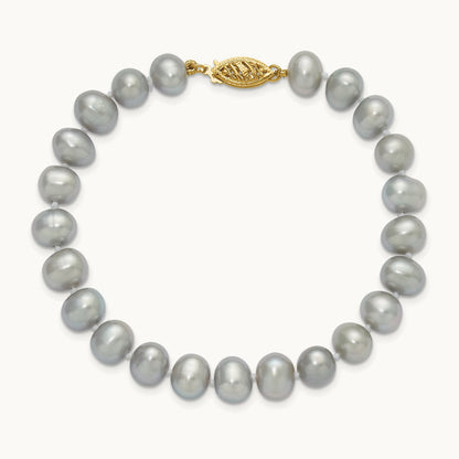 7- Near Round Grey Freshwater Cultured Pearl Bracelet, 8mm, 14K