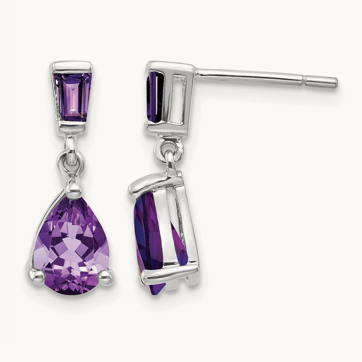 Amethyst Dangle Post Earrings — 14K White Gold