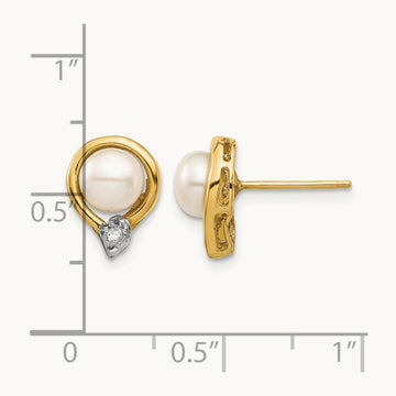 5- White Button FW Cultured Pearl .02ct Diamond Post Earrings, 6mm, 14K