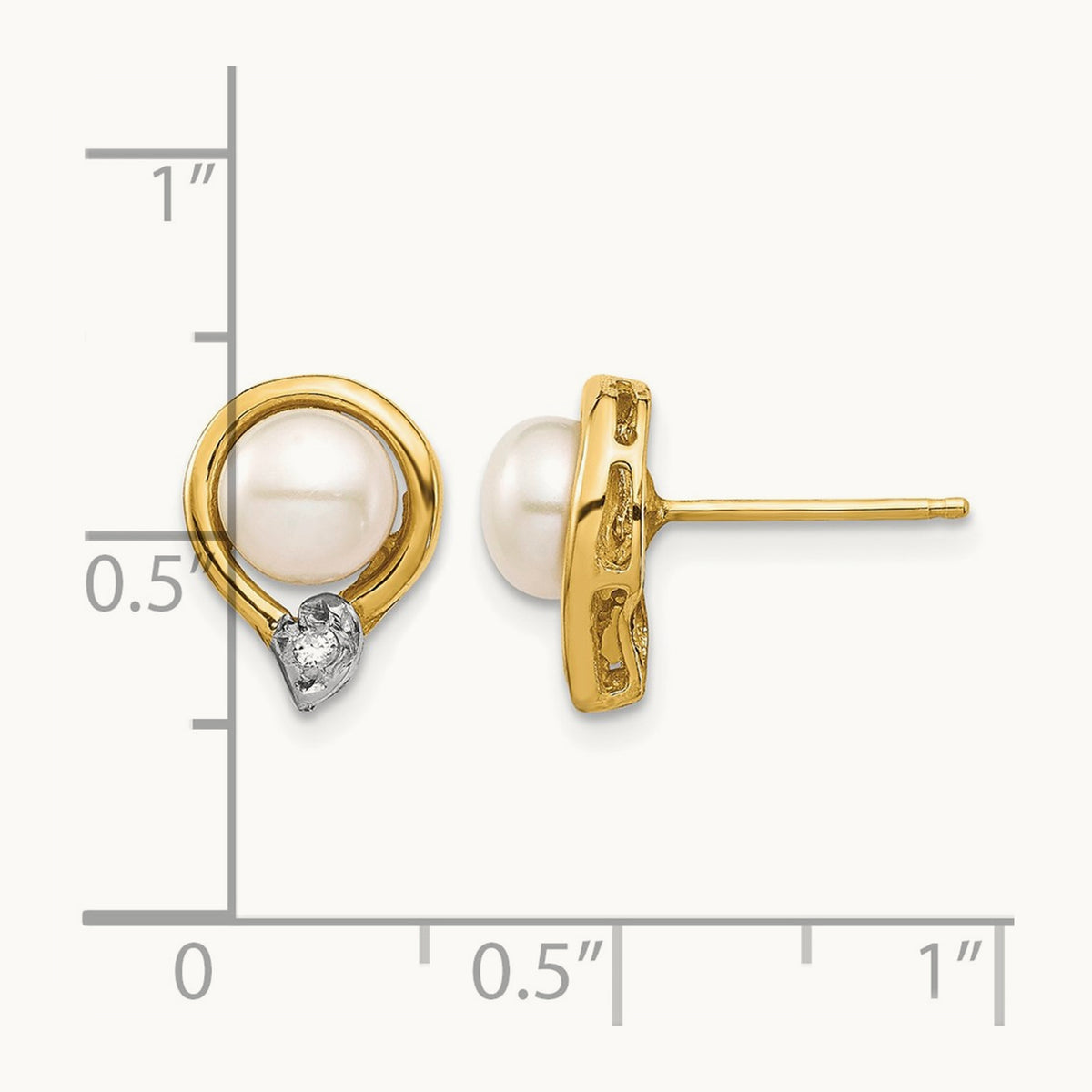 5- White Button FW Cultured Pearl .02ct Diamond Post Earrings, 6mm, 14K