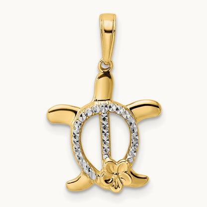 Diamond-cut Turtle w/ Flower Pendant, 14K with White Rhodium