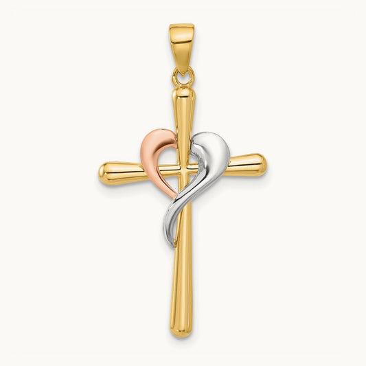 Polished Cross with Heart Pendant, 14K Two-tone with White Rhodium
