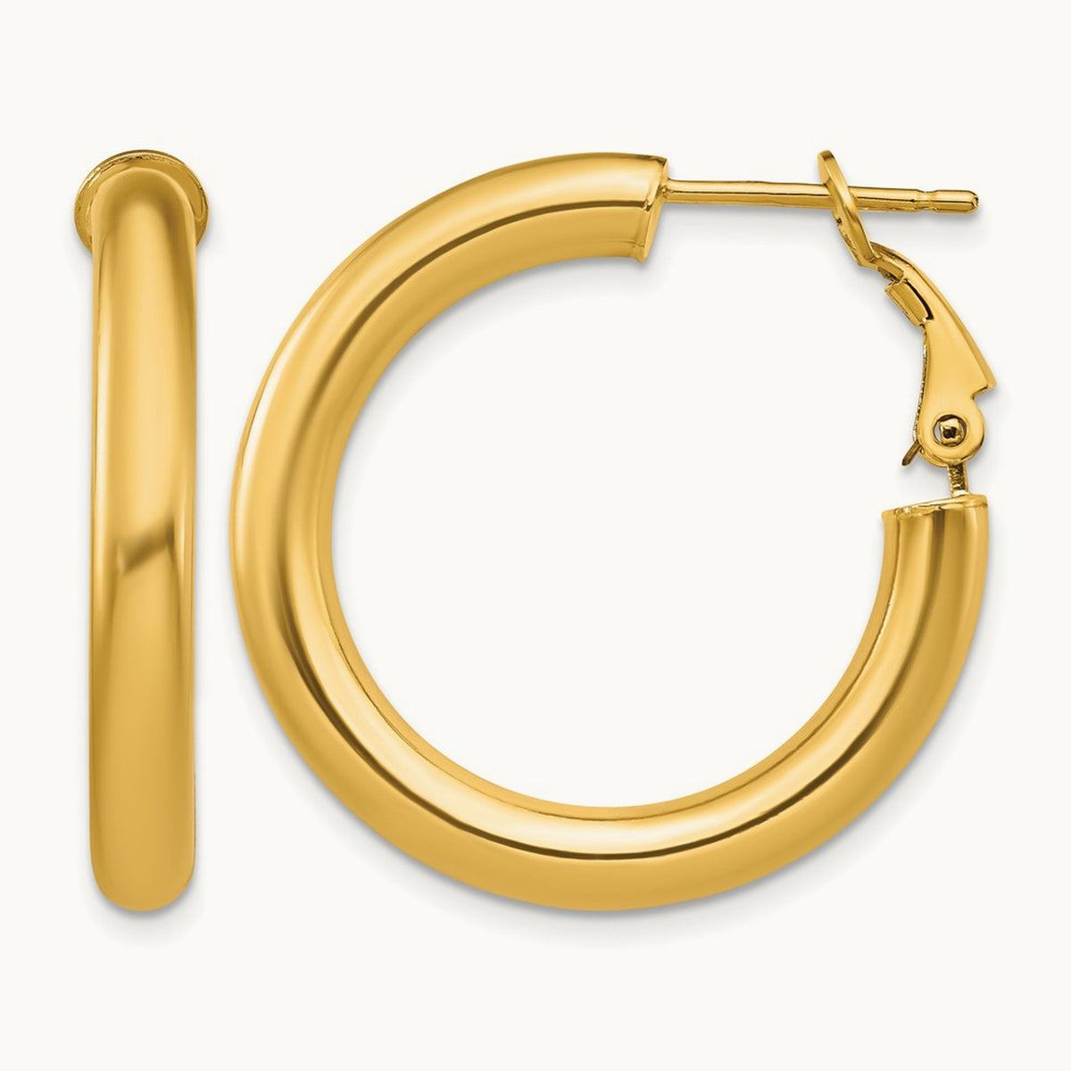 Polished Round Omega Back Hoop Earrings — 14K Yellow Gold, 4x28mm