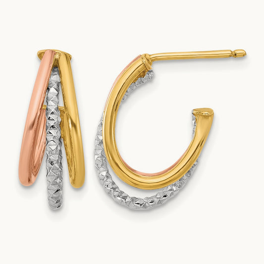 RH/ Rose GP Textured 3 Row J-Hoop Post Earrings, 14K White — Leslie's
