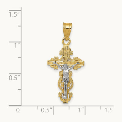 Small Narrow Cross w/Crucifix Pendant, 14K Two-tone