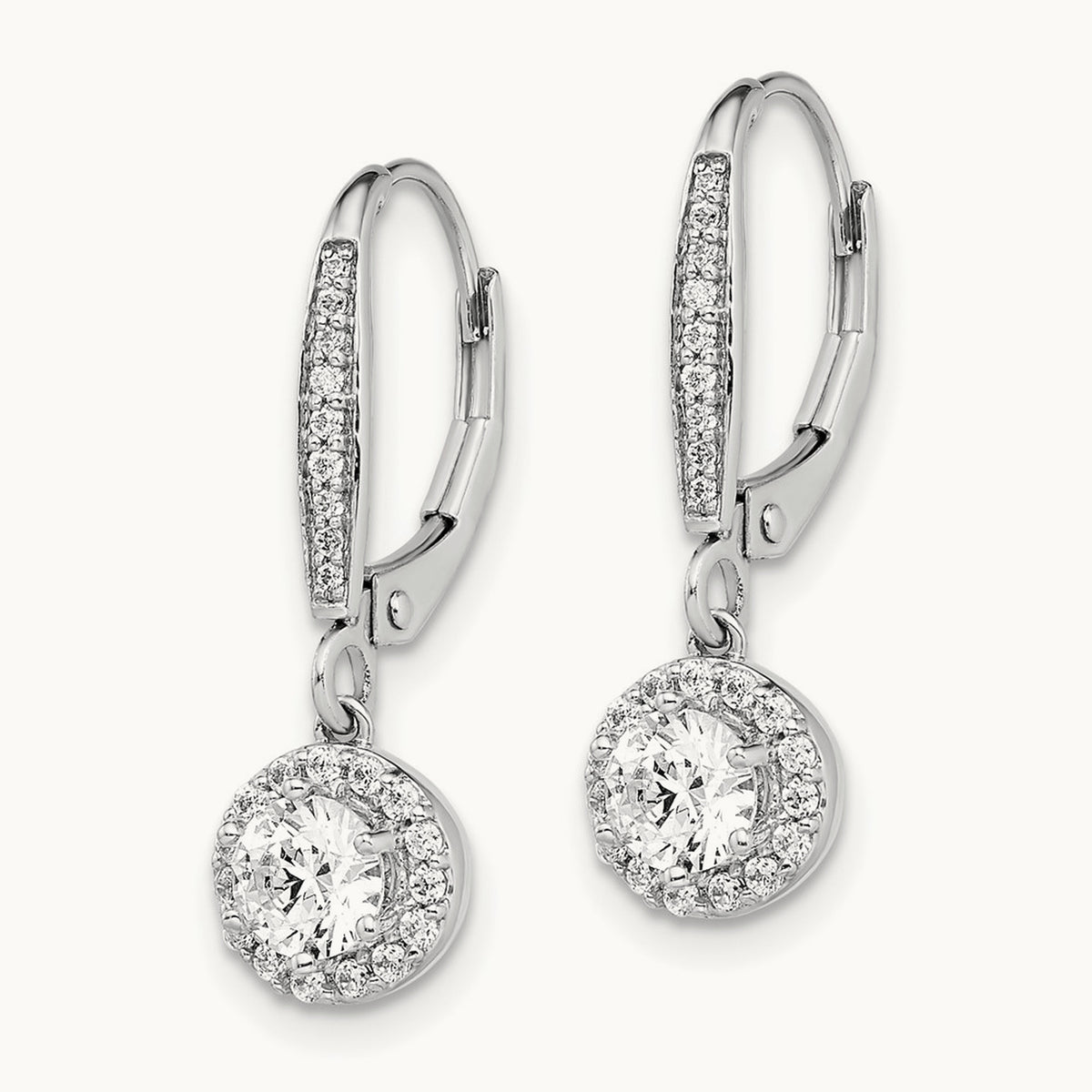 Round Halo Drop Leverback Earrings, 1.00 ct tw Lab-Grown Diamond — 14K White Gold