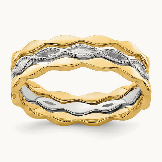 & White Gold Set of 3 Stackable Rings, 14K Yellow