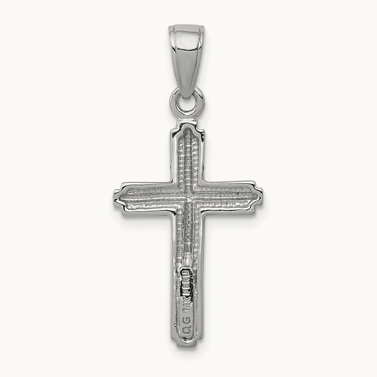 Polished Cross With Striped Border Pendant — 14K White Gold, 27mm