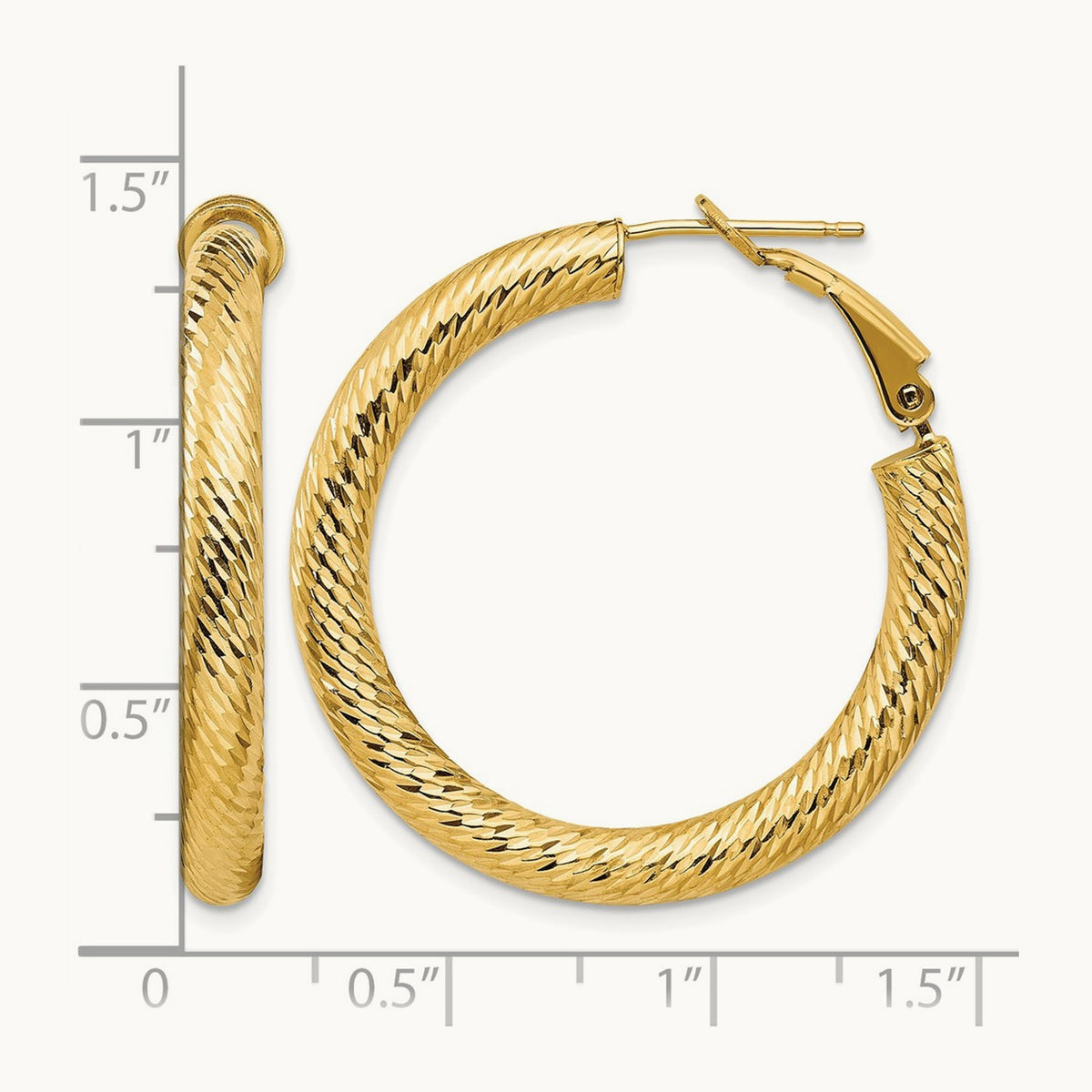 Diamond-cut Round Omega Back Hoop Earrings — 14K Yellow Gold, 4x34mm