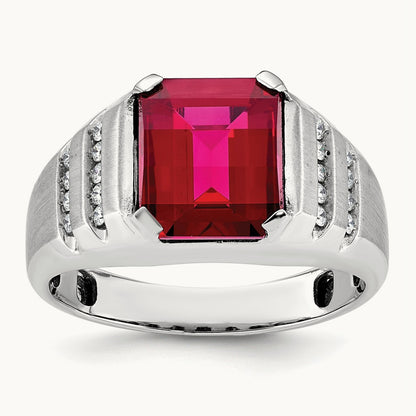 IBGoodman Men's Cr. Ruby and Diamond Complete Ring, 14K White Gold