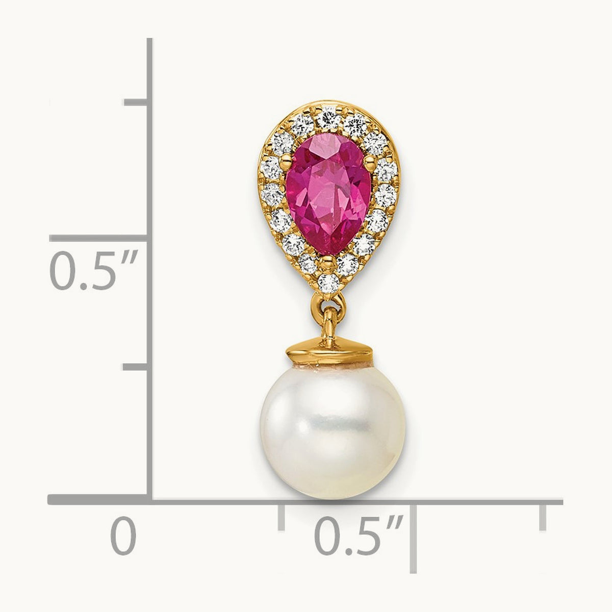 Polished Diamond Pearl and Ruby Teardrop Chain Slide, 14K