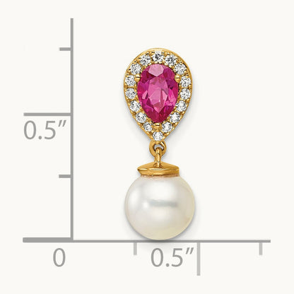 Polished Diamond Pearl and Ruby Teardrop Chain Slide, 14K