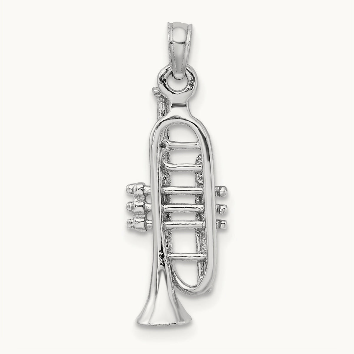 Solid Polished 3-D Trumpet Pendant — 14K White Gold