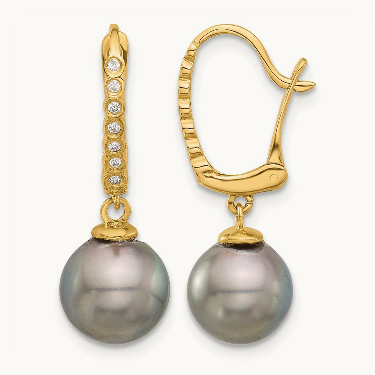 8- Round Black Tahitian Pearl and .07ct Diamond Dangle Earrings, 9mm, 14K