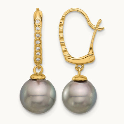 8- Round Black Tahitian Pearl and .07ct Diamond Dangle Earrings, 9mm, 14K