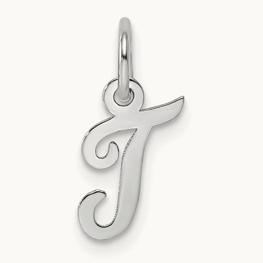 Small Script Letter T Initial Charm, 14K White Gold