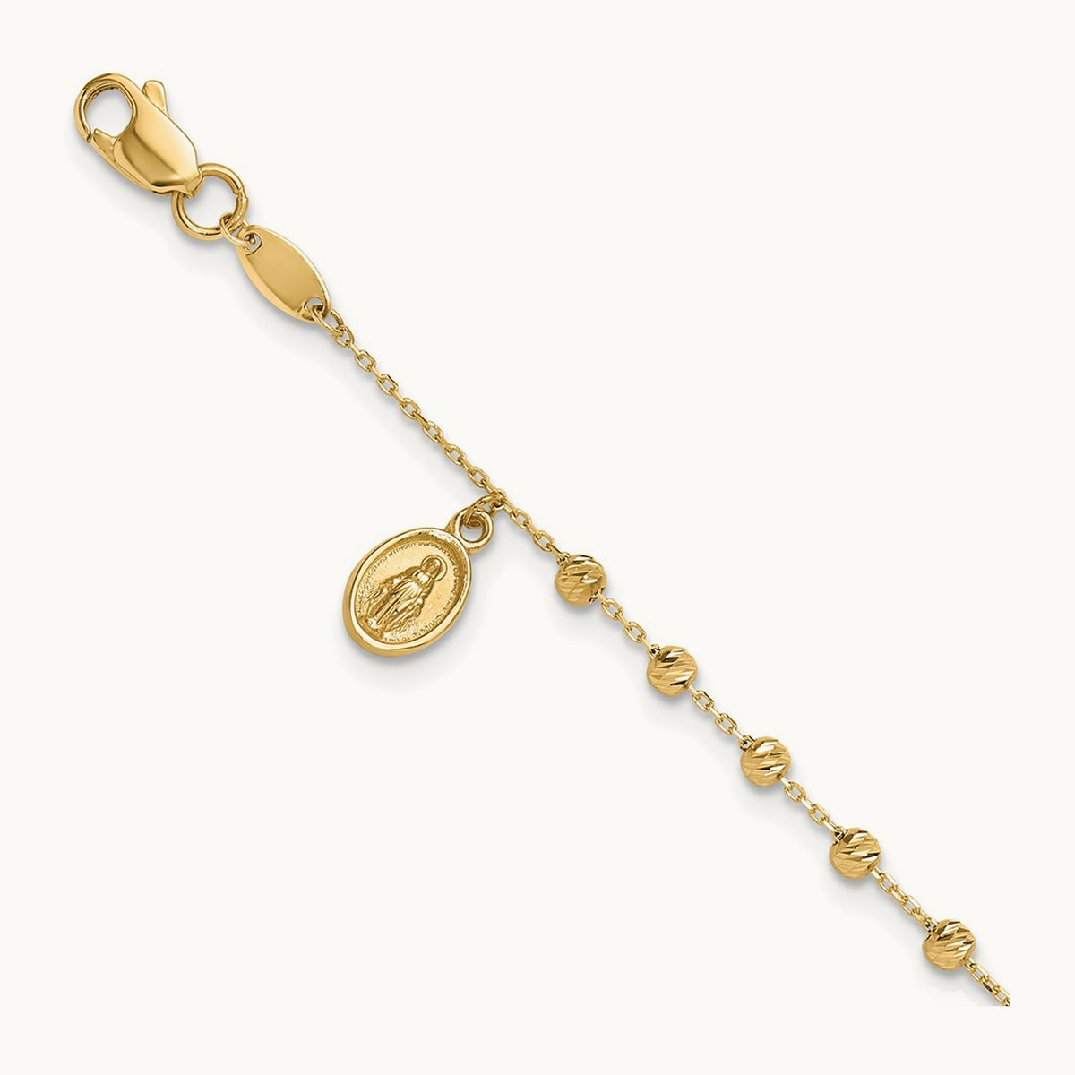 Polished and Diamond-cut Miraculous Medal and Cross Rosary Design Brace, 14K