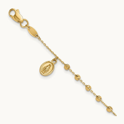 Polished and Diamond-cut Miraculous Medal and Cross Rosary Design Brace, 14K