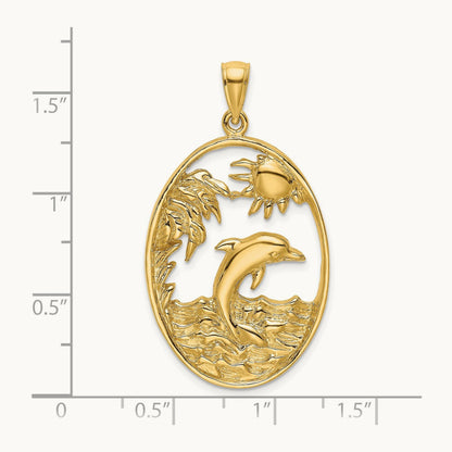 Dolphin Jumping in Ocean Scene Charm, 14K