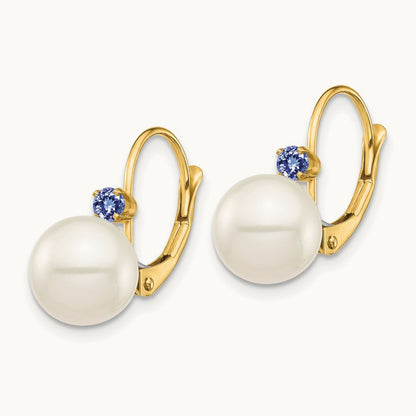 8- White Round FWC Pearl Tanzanite Leverback Earrings, 8.5mm, 14K