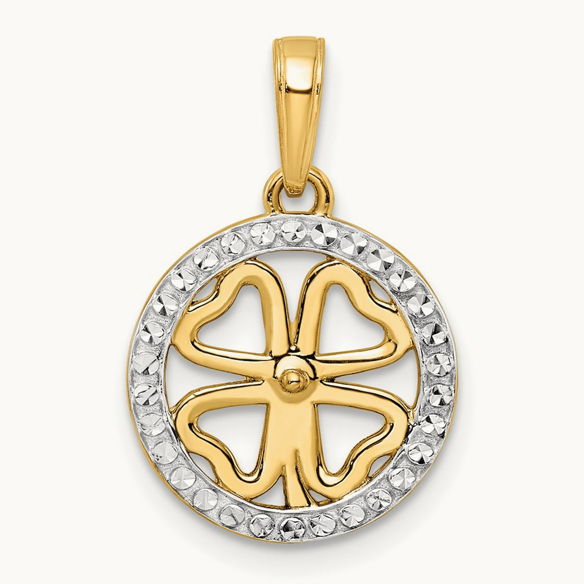 w/White Rhodium Diamond-cut Four-leaf Clover Pendant, 14K
