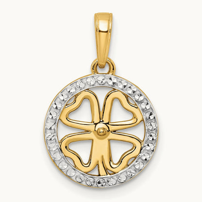 w/White Rhodium Diamond-cut Four-leaf Clover Pendant, 14K