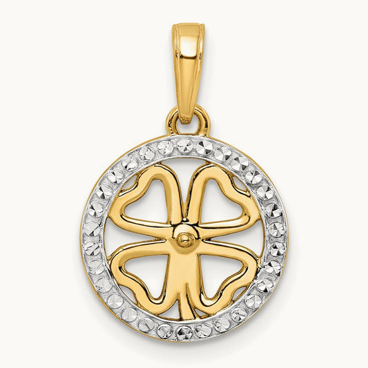 w/White Rhodium Diamond-cut Four-leaf Clover Pendant, 14K
