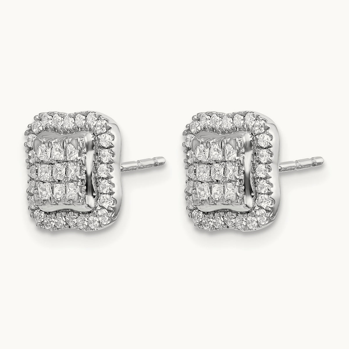 Diamond Square Cluster Post Earrings, 14K White Gold