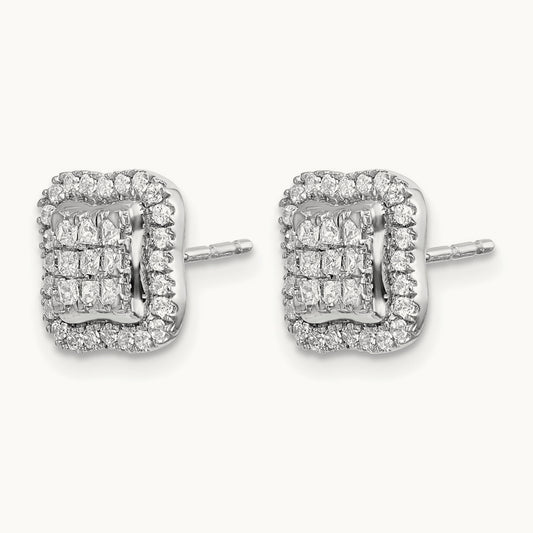 Diamond Square Cluster Post Earrings, 14K White Gold