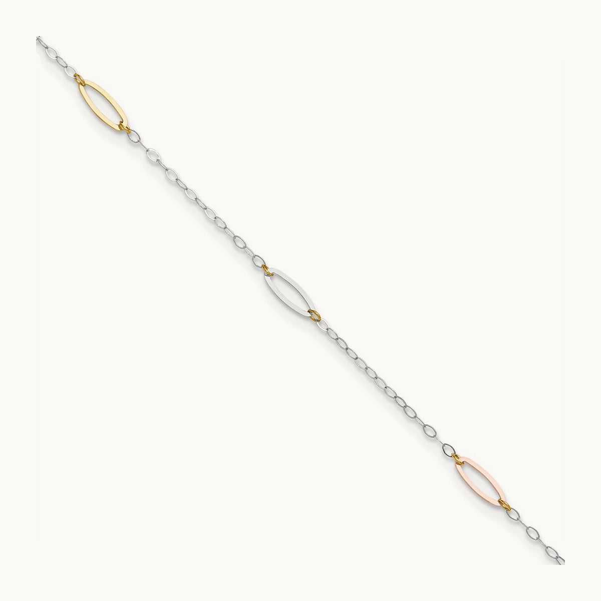 Tri-color Oval Link 9in Plus 1in Ext. Anklet, 14K