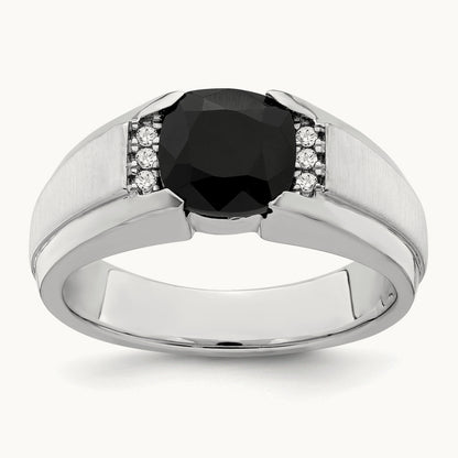 Onyx and Diamond Mens Ring, 14K White Gold