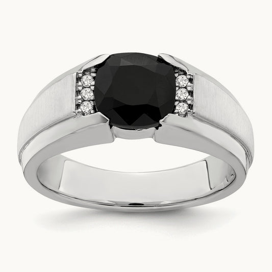 Onyx and Diamond Mens Ring, 14K White Gold