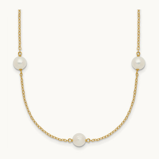 5- White Near Round Freshwater Cultured Pearl 7-Station Necklace, 14K
