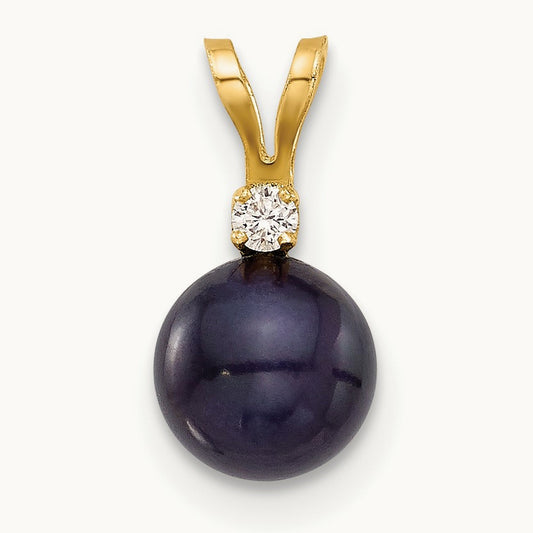 6- Round Black FWC Pearl and .03ct Diamond Pendant, 7mm, 14K