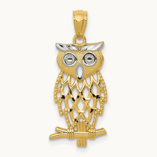 Rhodium Diamond Cut Owl Pendant, 14K Yellow Gold