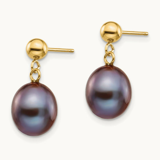 8- Black Rice Freshwater Cultured Pearl Post Dangle Earrings, 9mm, 14K