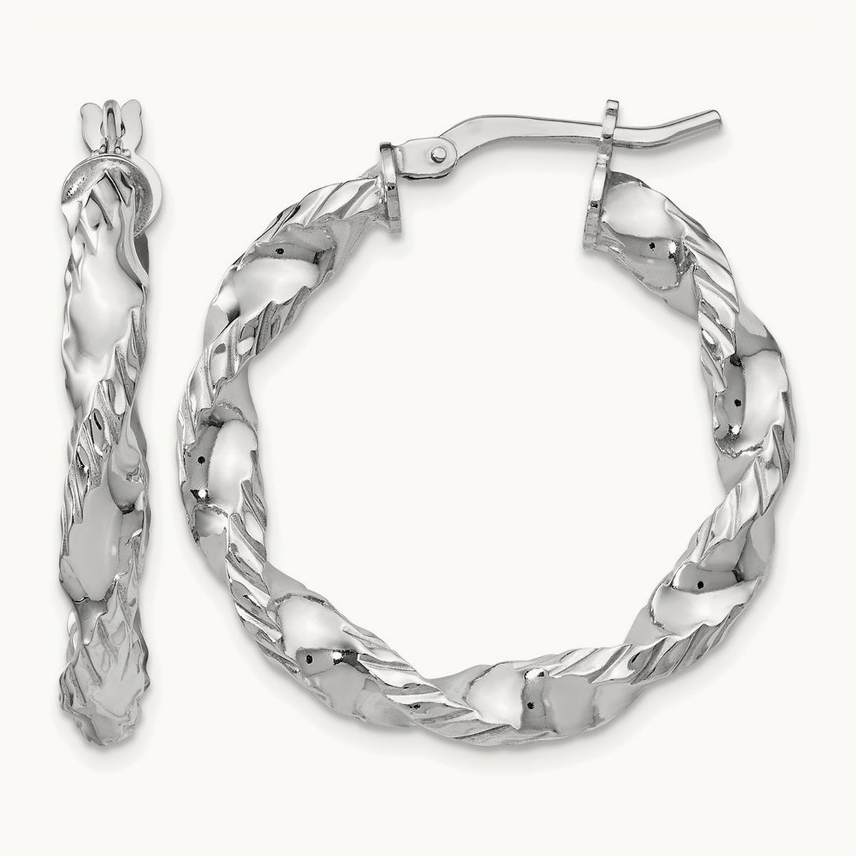 Rhodium-plated Polished Twisted Hinged Hoop Earrings — 29mm