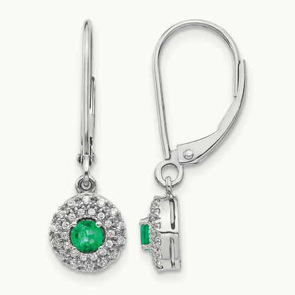 Diamond Halo Emerald Leverback Dangle Earrings, 14K White Gold