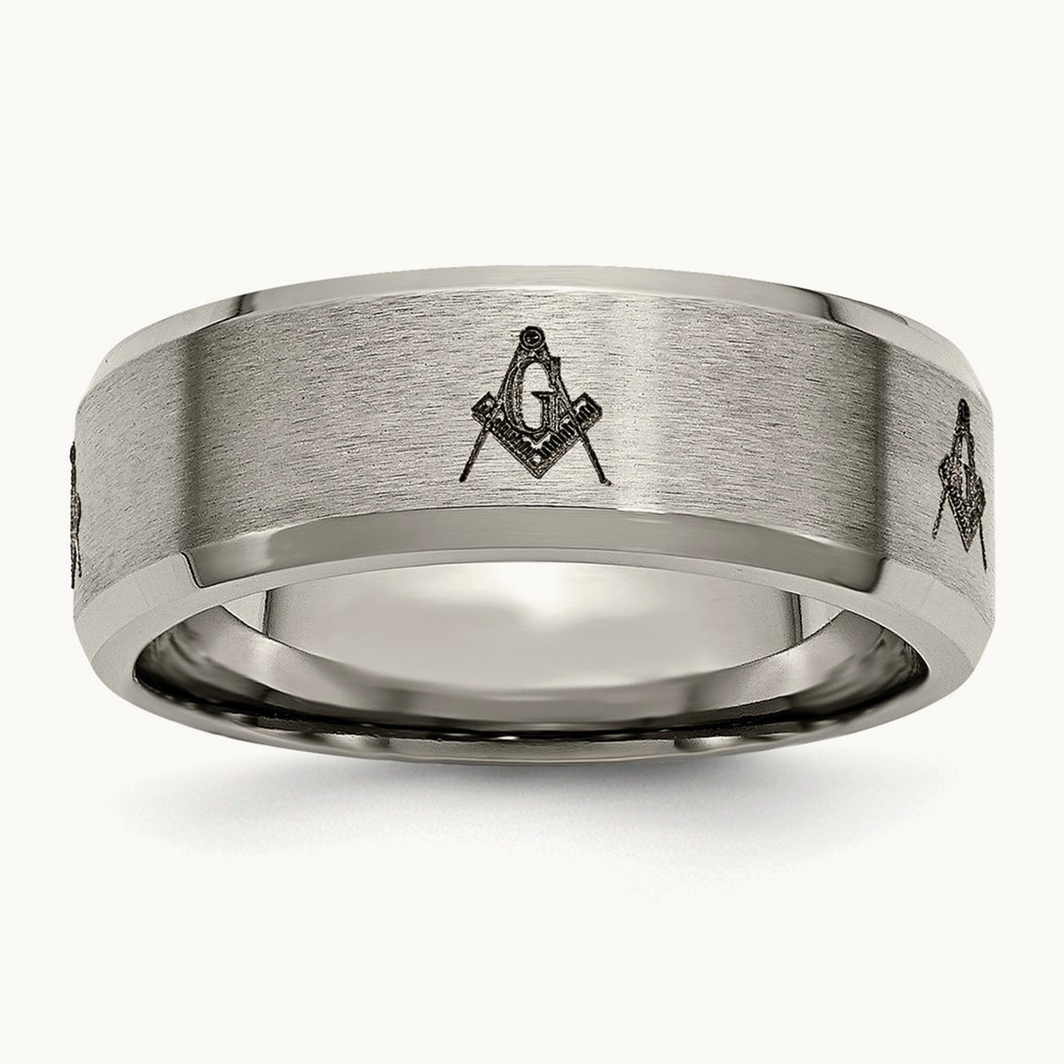 Brushed/Polished Masonic Laser Design Beveled Edge Band — photo set