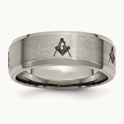 Brushed/Polished Masonic Laser Design Beveled Edge Band — photo set