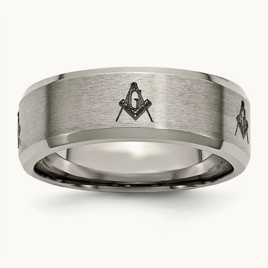 Brushed/Polished Masonic Laser Design Beveled Edge Band — photo set
