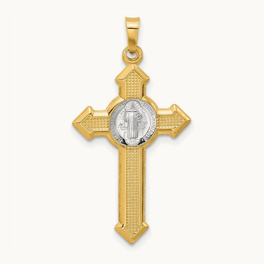 Textured Hollow Budded St Benedict Cross Pendent, 14K Two-tone