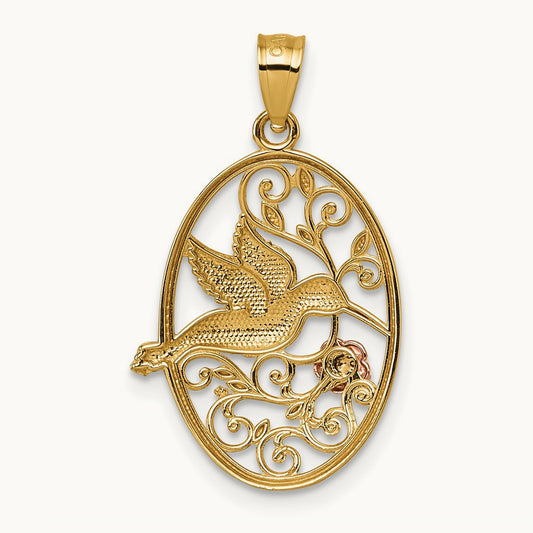 w/White Rhodium Polished Humming Bird & Flower Pendant, 14K Two-tone