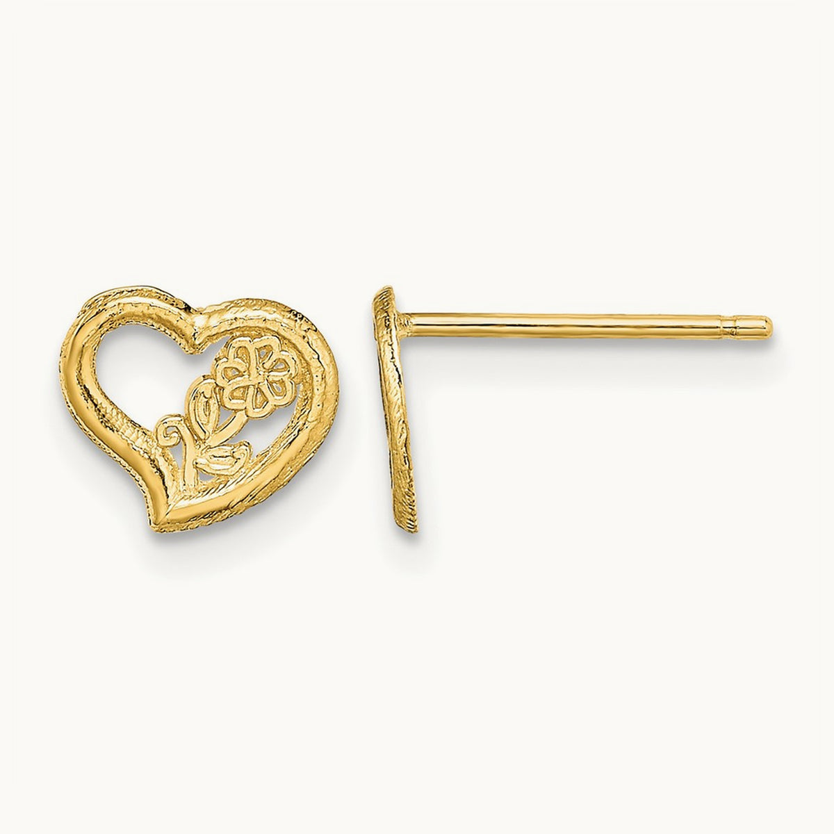 Open Heart w/ Flower Post Earrings, 14K