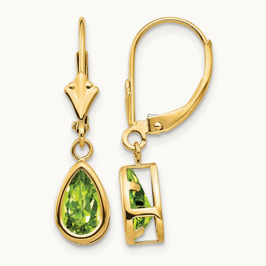8x5mm Pear Peridot Leverback Earrings — 14K Yellow Gold